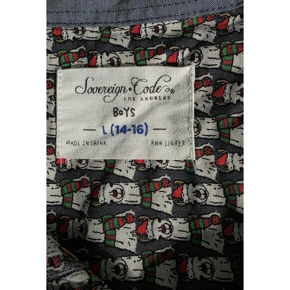 Sovereign Code Boys L 14/16 Christmas Dogs Santa Hat Button Long Sleeve Shirt - Picture 4 of 7